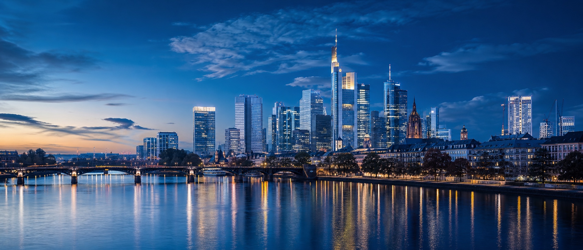 Frankfurter Skyline am Main in der Abenddämmerung